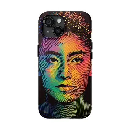 Rainbow Halftone Young Man Portrait Dark Background