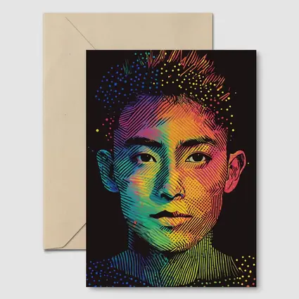 Rainbow Halftone Young Man Portrait Dark Background