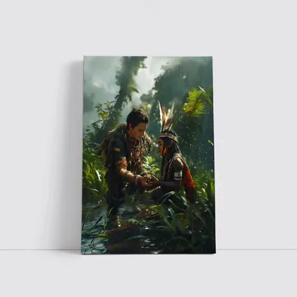 Indigenous Figures Sharing Plant in Rainforest