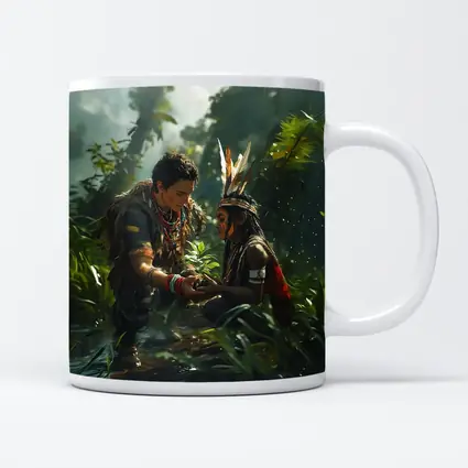 Indigenous Figures Sharing Plant in Rainforest