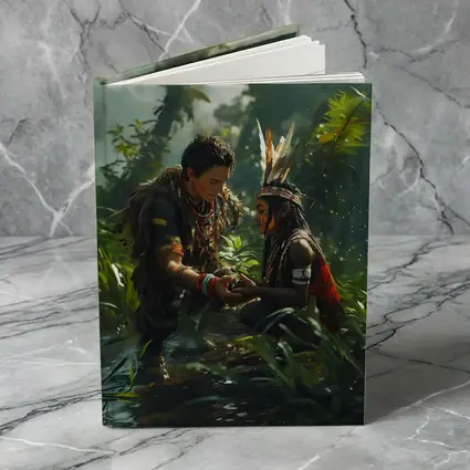 Indigenous Figures Sharing Plant in Rainforest