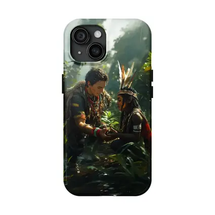 Indigenous Figures Sharing Plant in Rainforest