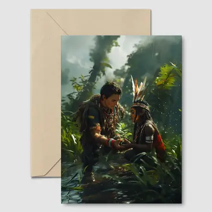 Indigenous Figures Sharing Plant in Rainforest