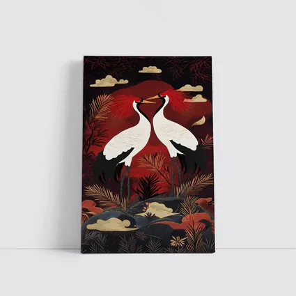 Red Crowned Cranes Japanese Dark Red Art