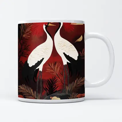 Red Crowned Cranes Japanese Dark Red Art