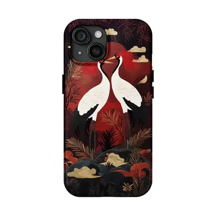 Red Crowned Cranes Japanese Dark Red Art