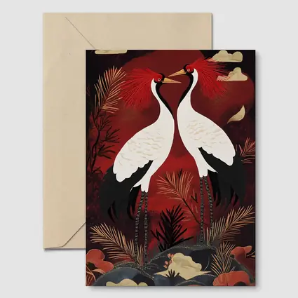 Red Crowned Cranes Japanese Dark Red Art