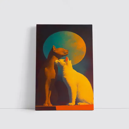 Two Cats Gazing at Teal Moon
