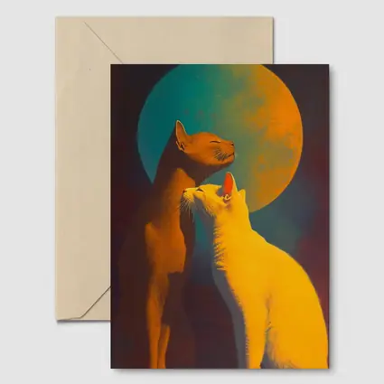 Two Cats Gazing at Teal Moon