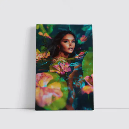 Woman Surrounded By Tropical Flowers Water