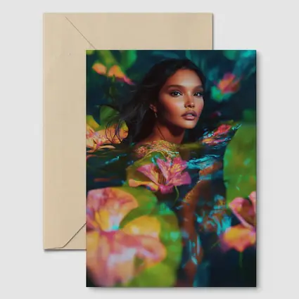 Woman Surrounded By Tropical Flowers Water