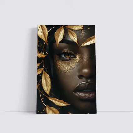 Black Woman Gold Glitter Leaves Dark Background