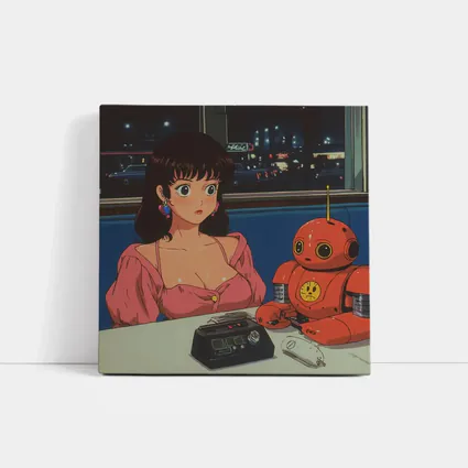Retro Anime Girl Robot Diner Night Scene