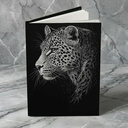 Leopard Portrait Black White Scratchboard Art