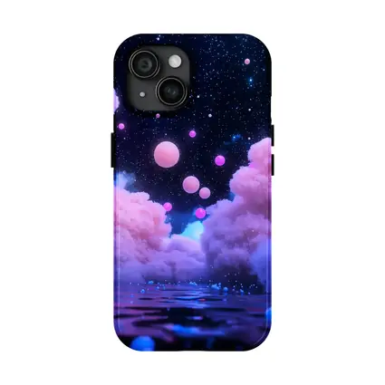 Pink Clouds Floating Spheres Starry Night Sky