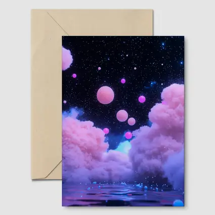 Pink Clouds Floating Spheres Starry Night Sky