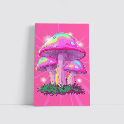 Trippy Rainbow Mushrooms Pink Glowing Background