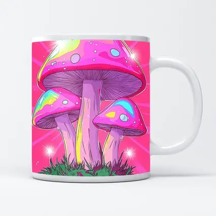 Trippy Rainbow Mushrooms Pink Glowing Background