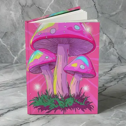 Trippy Rainbow Mushrooms Pink Glowing Background
