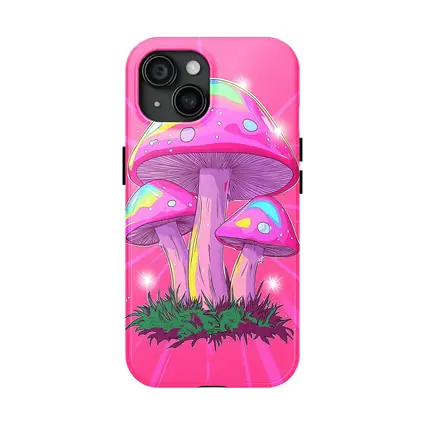 Trippy Rainbow Mushrooms Pink Glowing Background