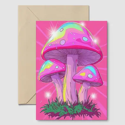 Trippy Rainbow Mushrooms Pink Glowing Background