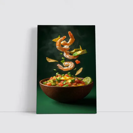 Shrimp Ceviche Bowl Flying Ingredients Green Background