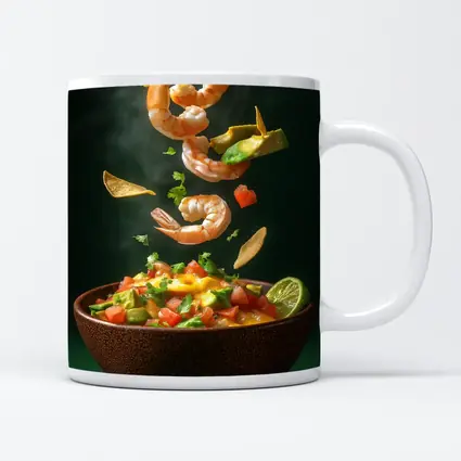 Shrimp Ceviche Bowl Flying Ingredients Green Background