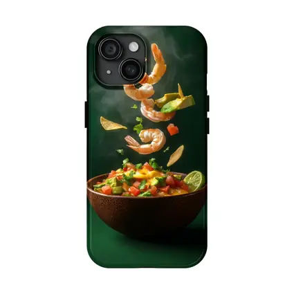 Shrimp Ceviche Bowl Flying Ingredients Green Background