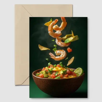 Shrimp Ceviche Bowl Flying Ingredients Green Background