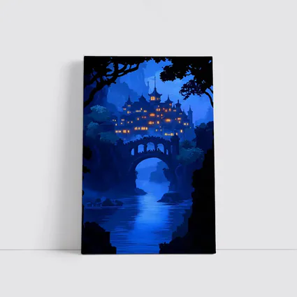 Fantasy Castle Bridge Blue Night Art