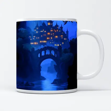 Fantasy Castle Bridge Blue Night Art