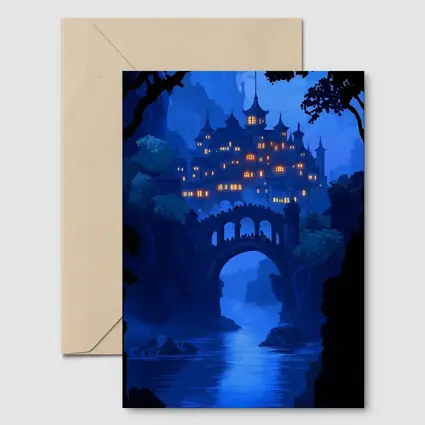 Fantasy Castle Bridge Blue Night Art