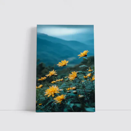 Yellow Daisies Blooming Against Misty Mountains