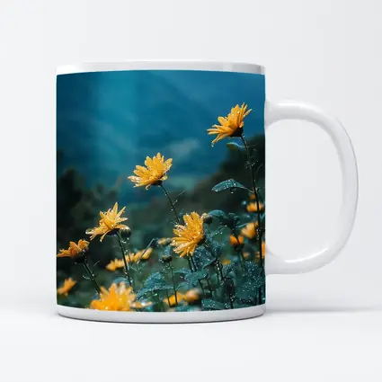 Yellow Daisies Blooming Against Misty Mountains