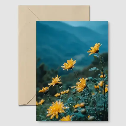 Yellow Daisies Blooming Against Misty Mountains