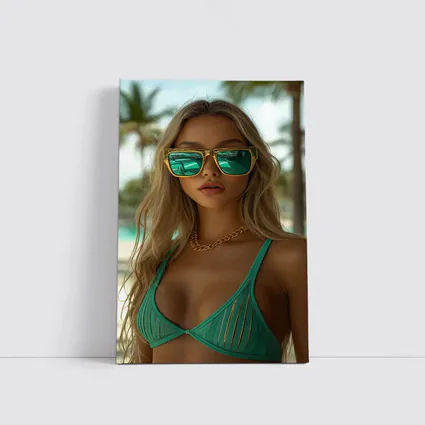Blonde Woman Green Bikini Tropical Beach