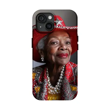 Elderly Woman Red Cowboy Hat Pearl Necklace