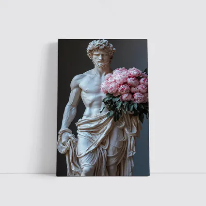 Greek Marble Statue Holding Pink Peonies