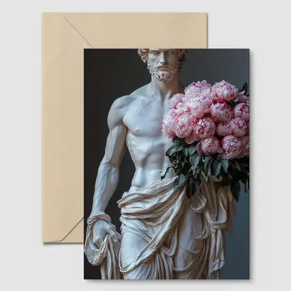 Greek Marble Statue Holding Pink Peonies