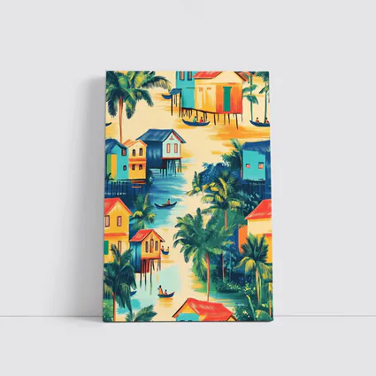 Tropical Stilt Village Waterway Colorful Illustration