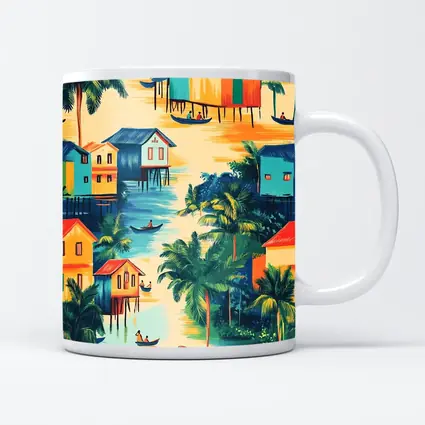Tropical Stilt Village Waterway Colorful Illustration