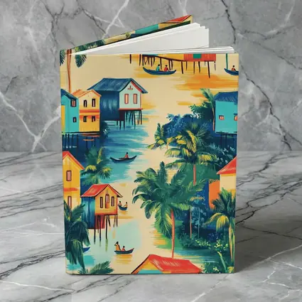 Tropical Stilt Village Waterway Colorful Illustration