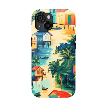 Tropical Stilt Village Waterway Colorful Illustration