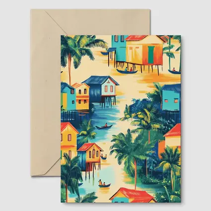 Tropical Stilt Village Waterway Colorful Illustration