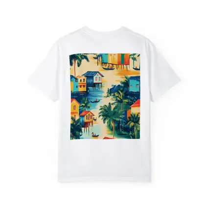 Tropical Stilt Village Waterway Colorful Illustration