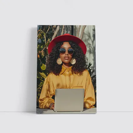 Stylish Woman Red Hat Yellow Blouse Laptop