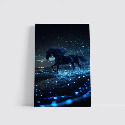 Black Horse Running on Glowing Blue Beach