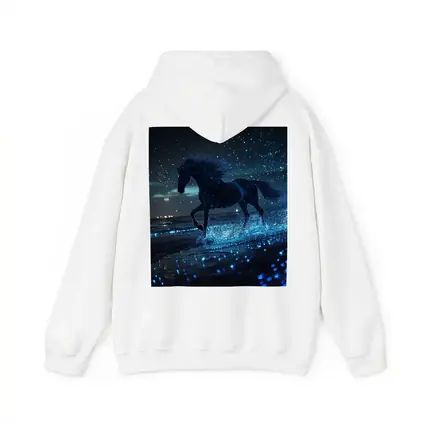 Black Horse Running on Glowing Blue Beach