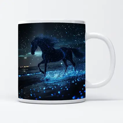 Black Horse Running on Glowing Blue Beach
