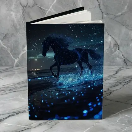 Black Horse Running on Glowing Blue Beach